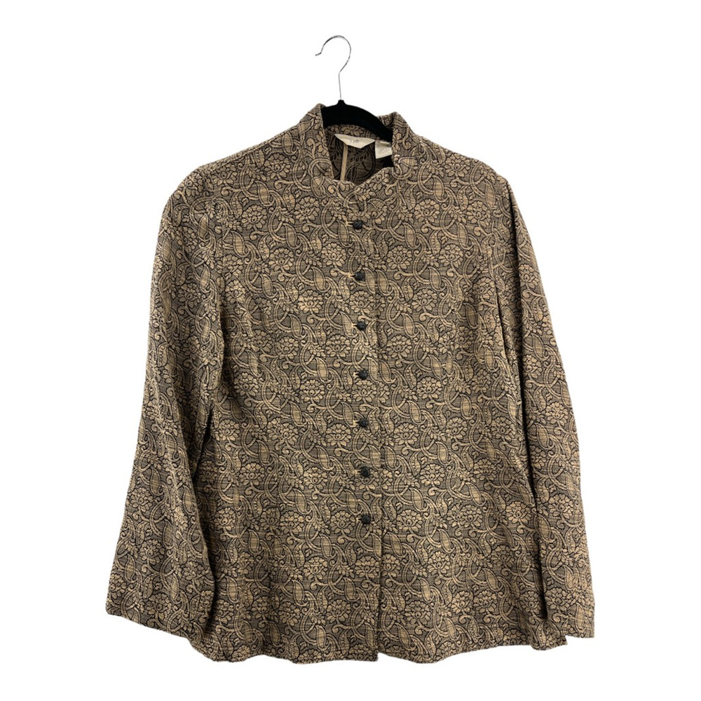 J. Jill Womens Blazer Jacket Brown Floral Woven Button Front Mock Neck 10